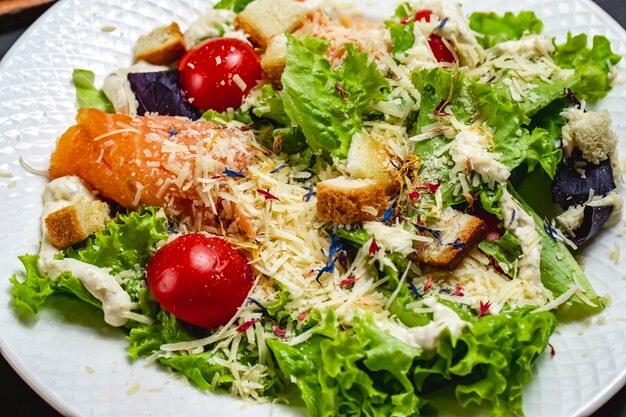 Seitenansicht Caesar Salat mit geräuchertem Lachsbrot Zwieback Tomatensauce Salat und Parmesan auf einem Teller
