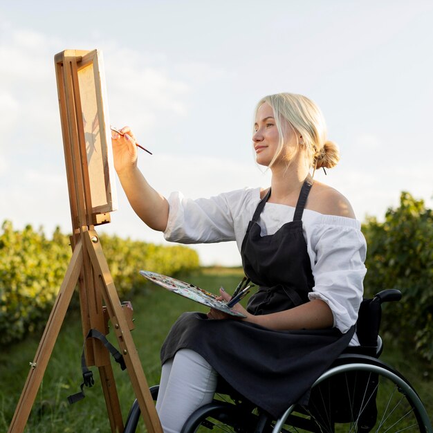Seitenansicht der Frau im Rollstuhl im Freien in der Natur mit Leinwand und Palette