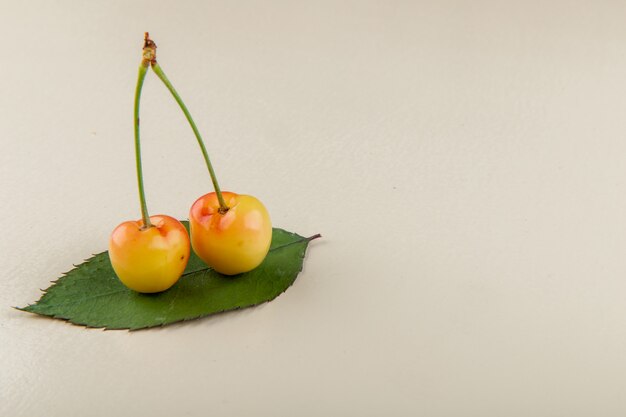 Seitenansicht der reifen gelben Kirsche mit grünem Blatt auf Weiß mit Kopienraum