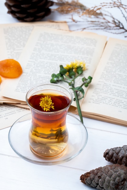 Seitenansicht des Armudu-Glases Tee mit Zimtstangen, Löwenzahn und Tannenzapfen mit einem offenen Buch auf dem Tisch