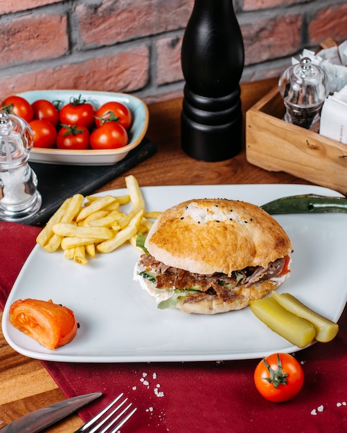 Seitenansicht des burgers mit pommes frites auf einem weißen teller