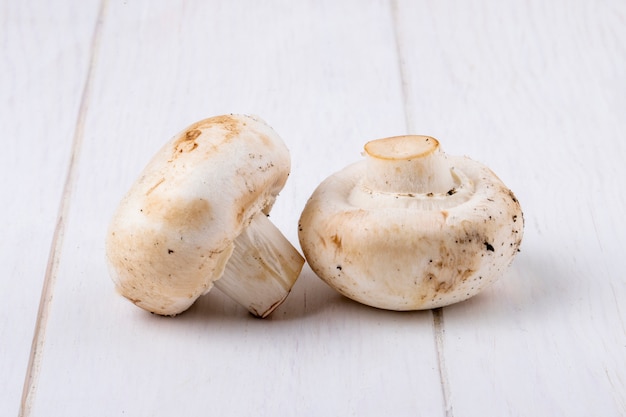 Seitenansicht des Champignons der frischen Pilze lokalisiert auf weißem Hintergrund