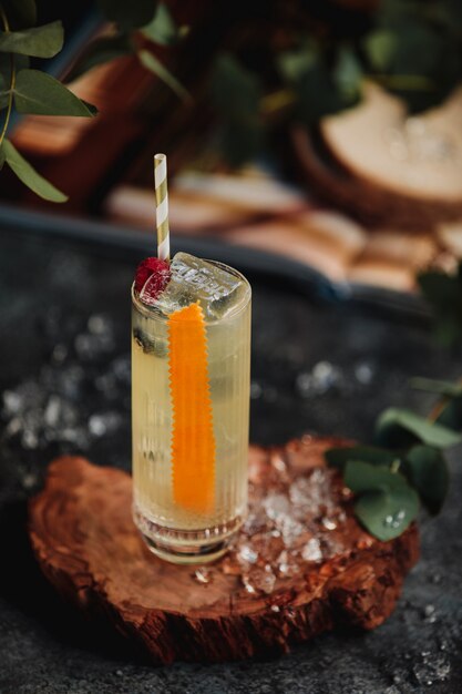 Seitenansicht des Cocktails mit Eis und Stroh verziert mit Beeren auf einem Holzständer