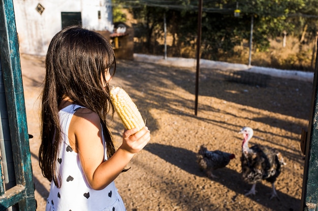 Kostenloses Foto seitenansicht des fütterungsmaises des mädchens zu den hühnern im bauernhof
