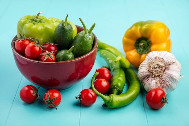 Seitenansicht des Gemüses als Gurkenpfeffertomate in der Schüssel und im Knoblauch auf Blau