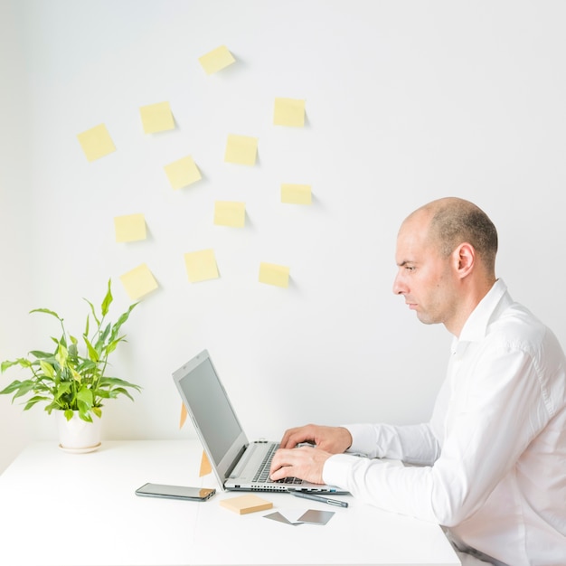 Seitenansicht des Geschäftsmannes, der Laptop am Arbeitsplatz verwendet