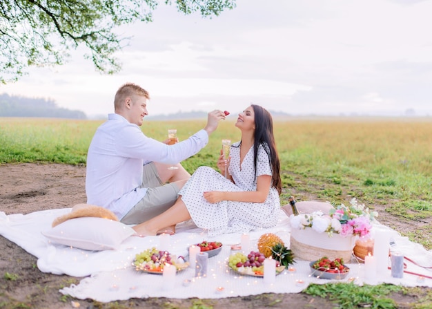 Seitenansicht des jungen Mannes füttert Erdbeeren schöne Brünette bei einem Picknick auf dem Feld