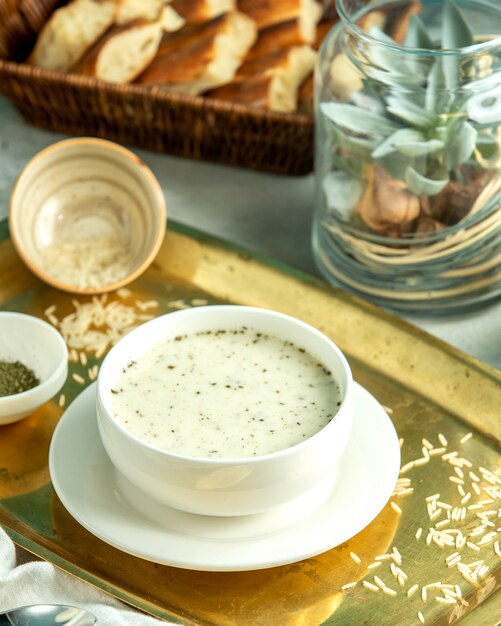 Seitenansicht Dovga-Joghurt-Suppe traditionelle Azerbaijani-Suppe mit Reis und getrockneten Kräutern auf einem Tablett