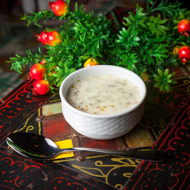 Seitenansicht Dovga mit Löffel und Granat in weißer Platte