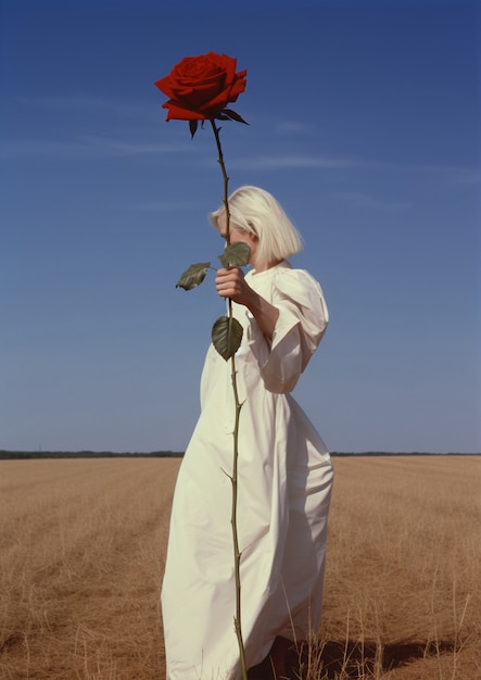 Kostenloses Foto seitenansicht einer älteren frau, die mit einer rose posiert