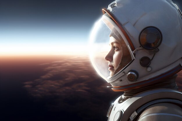 Seitenansicht einer Astronautin im Raumanzug