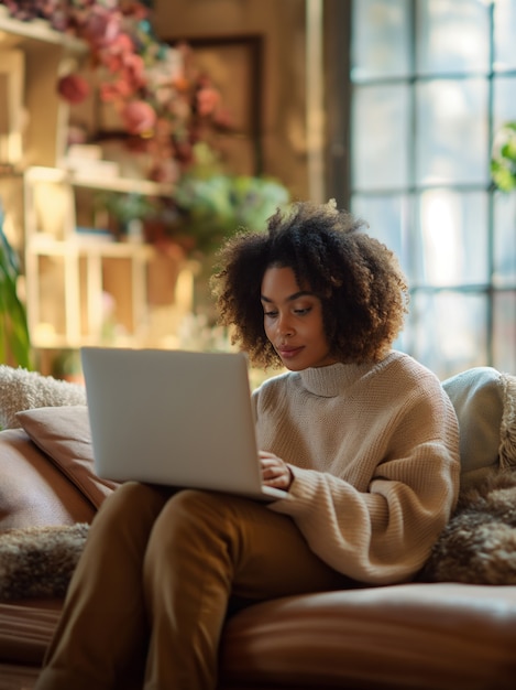 Kostenloses Foto seitenansicht einer frau, die am laptop arbeitet