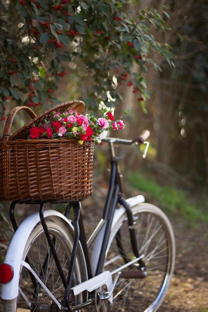 Kostenloses Foto seitenansicht fahrradkorb mit schönen blumen