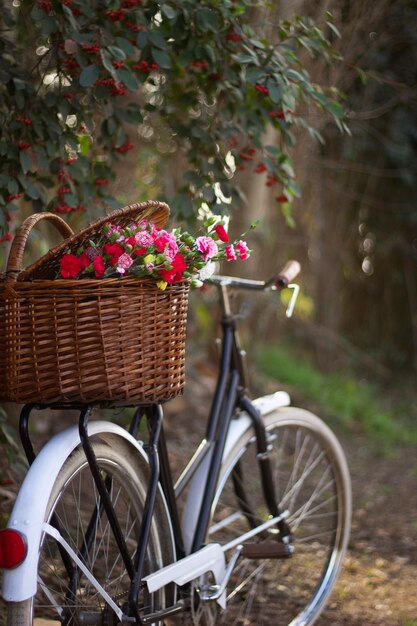 Seitenansicht Fahrradkorb mit schönen Blumen