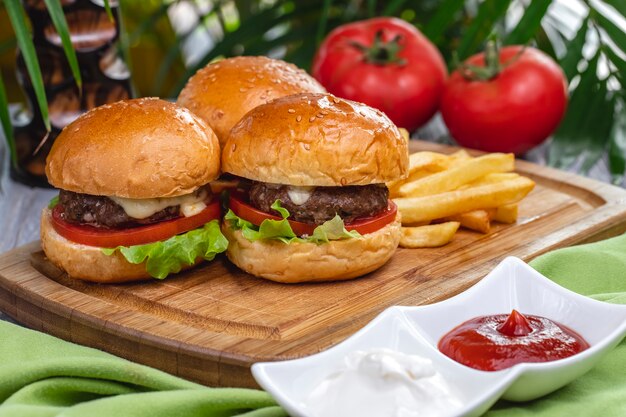 Seitenansicht Fleischburger mit Pommes Frites Ketchup und Mayonnaise auf dem Brett