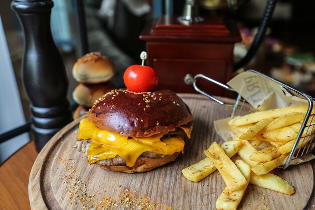 Kostenloses Foto seitenansicht fleischburger mit tomaten und pommes mit gewürzen auf einem ständer