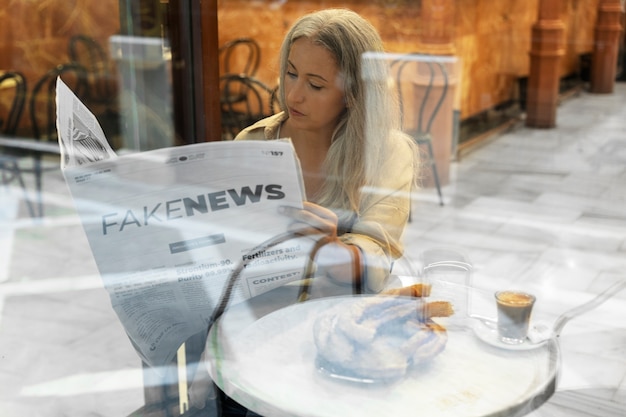 Kostenloses Foto seitenansicht frau, die die zeitung liest