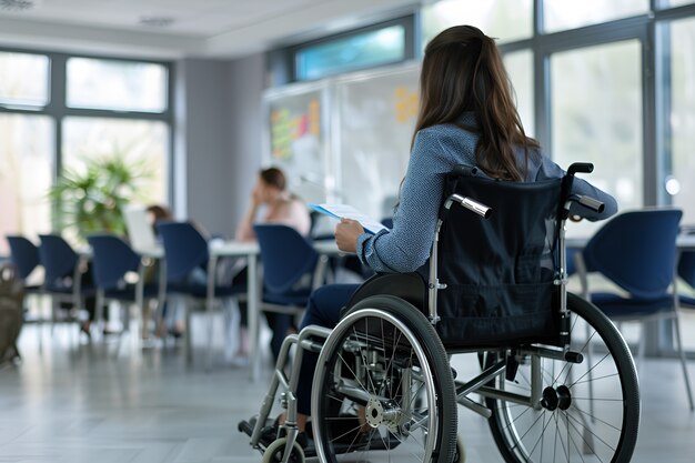 Seitenansicht Frau im Rollstuhl bei der Arbeit