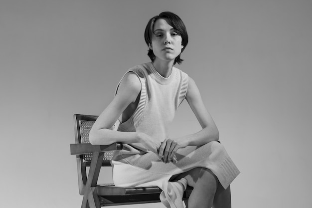 Seitenansicht Frau sitzt auf Stuhl schwarz und weiß