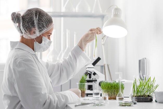 Seitenansicht Frauenexperiment auf Sprossen