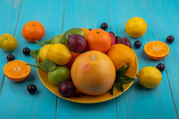 Seitenansicht Fruchtmischung auf einem Teller Orangen Kirschpflaumen Grapefruit Zitronen Limetten und Pflaumen auf einem türkisfarbenen Hintergrund