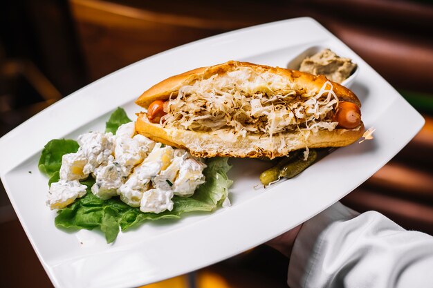 Seitenansicht Hot Dog mit Kohl und Kartoffeln in Mayonnaise mit gesalzenen Gurken und Sauce