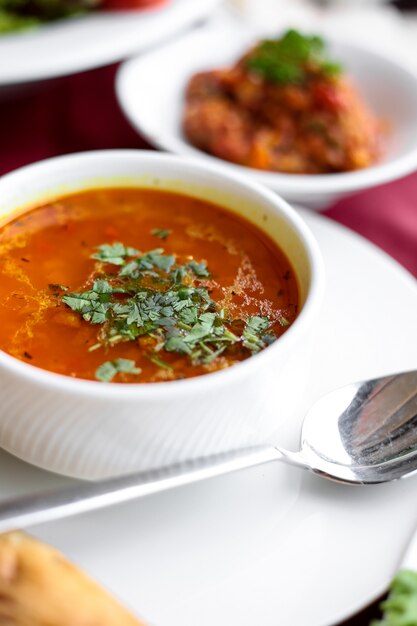 Seitenansicht Hühnerbrühe Suppe mit Brot auf einem servierten Tisch