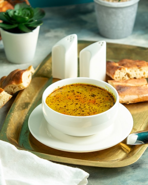 Kostenloses Foto seitenansicht hühnersuppe mit tandoorbrot auf einem tablett