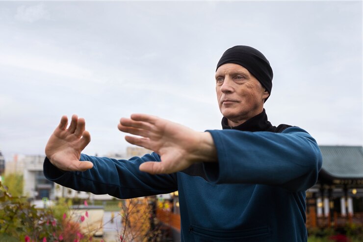 Kostenlose Foto seitenansicht mann, der draußen tai chi praktiziert