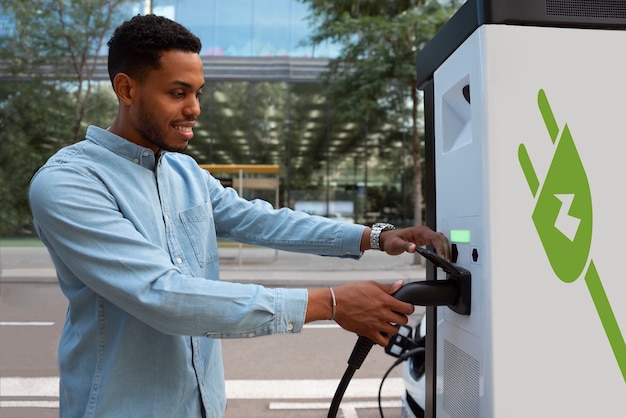 Seitenansicht Mann, der Elektroauto auflädt