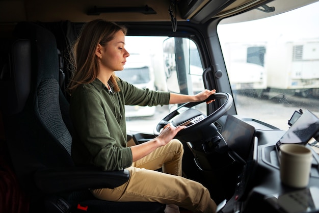 Seitenansicht professioneller Fahrerin in einem LKW