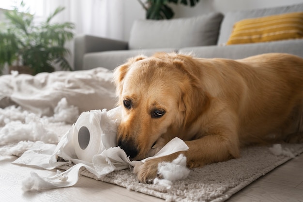 Seitenansicht süßer hund, der mit toilettenpapier spielt