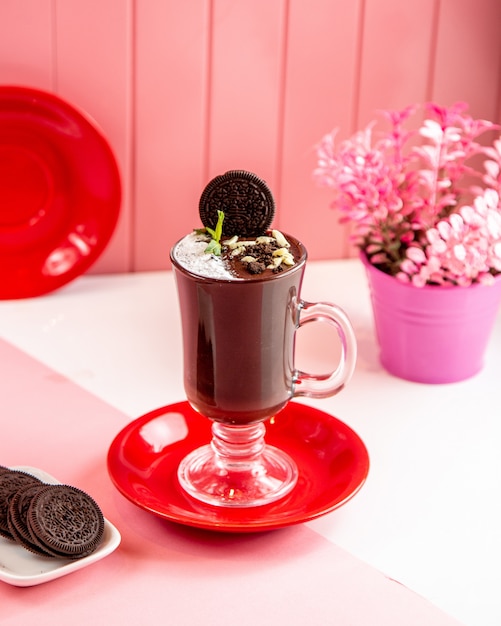 Seitenansicht Tasse heiße Schokolade mit Keksen