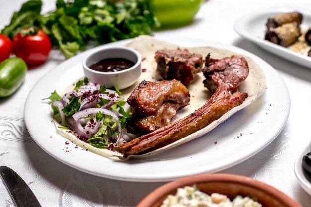 Seitenansicht Tike Kebab auf Fladenbrot mit Kräutern und Zwiebeln mit Sauce und Gemüse