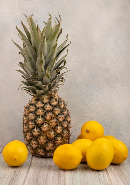 Seitenansicht von frischen Früchten wie Ananas und Zitronen isoliert auf einer grauen Oberfläche