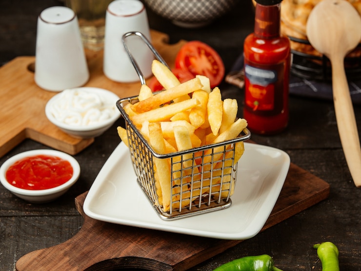 Kostenlose Foto seitenansicht von pommes frites im metalldrahtkorb