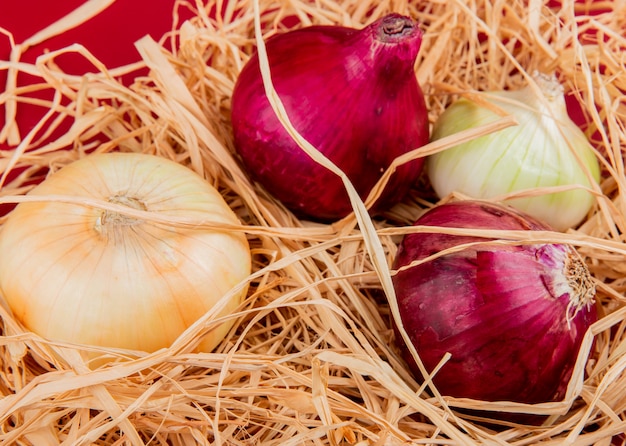 Kostenloses Foto seitenansicht von süßen, roten und weißen zwiebeln auf stroh und rotem tisch