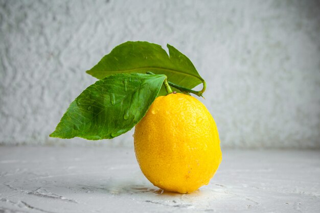 Seitenansicht Zitrone mit Blättern auf weißem strukturiertem Hintergrund. horizontal