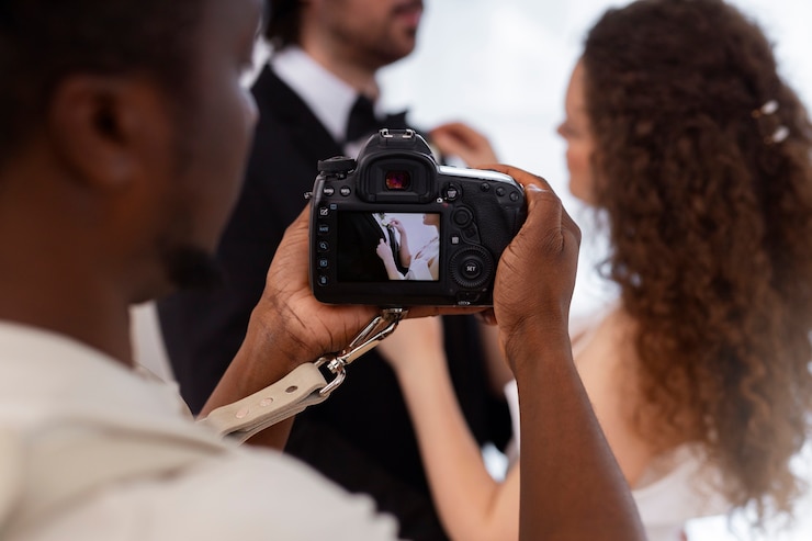 Kostenlose Foto seitenansichtfotograf, der hochzeitsfotos macht