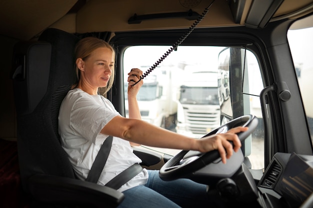 Seitenansichtfrau, die als Fahrerin arbeitet