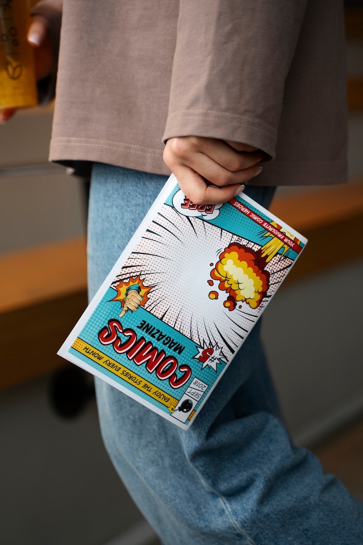 Kostenlose Foto seitenansichtfrau, die comics hält