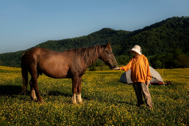 Seitenansichtfrau, die pferd füttert