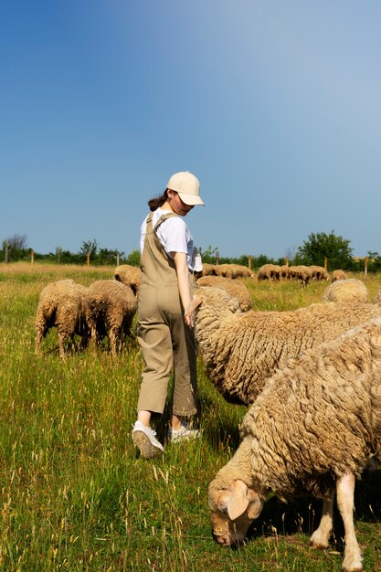 Seitenansichtfrau, die sich um Schafe kümmert