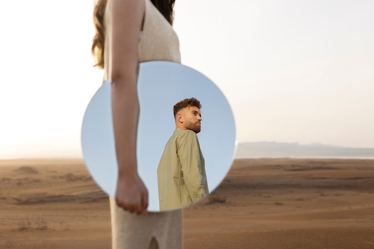 Kostenlose Foto seitenansichtfrau, die spiegel hält