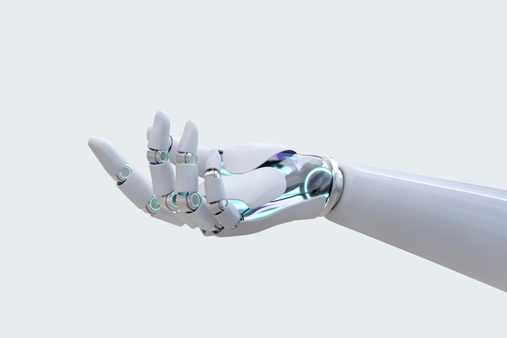 Kostenlose Foto seitenansichthintergrund der roboterhand, technologiegeste präsentierend