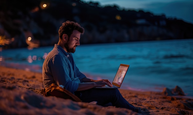 Kostenloses Foto seitenansichtmann, der am strand arbeitet