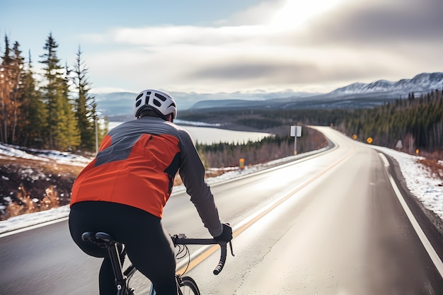 Kostenloses Foto seitenansichtmann, der draußen fahrrad fährt