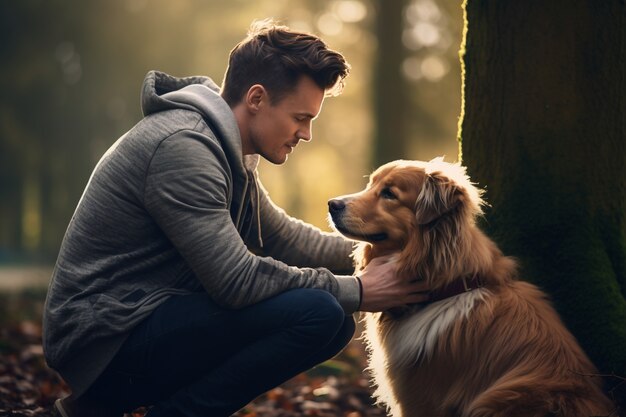 Seitenansichtmann, der Hund hält