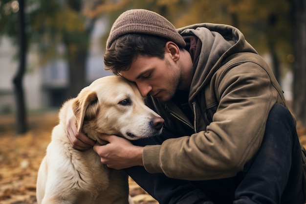 Seitenansichtmann, der Hund hält