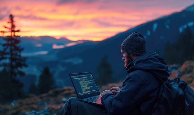 Seitenansichtmann, der in der Natur arbeitet